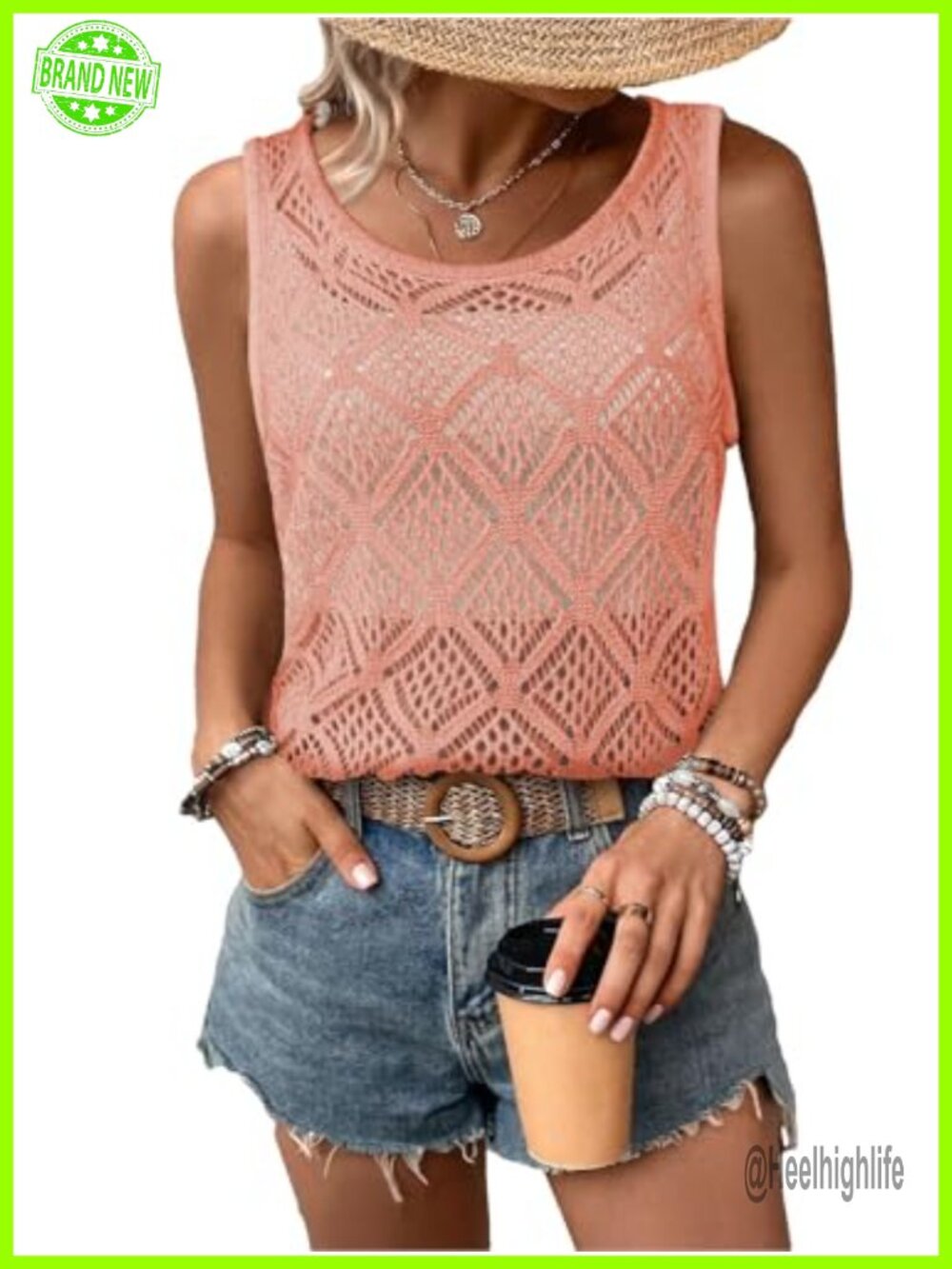Crochet Fishnet Sleeveless Knit Tank Cover Up for Beach Summer